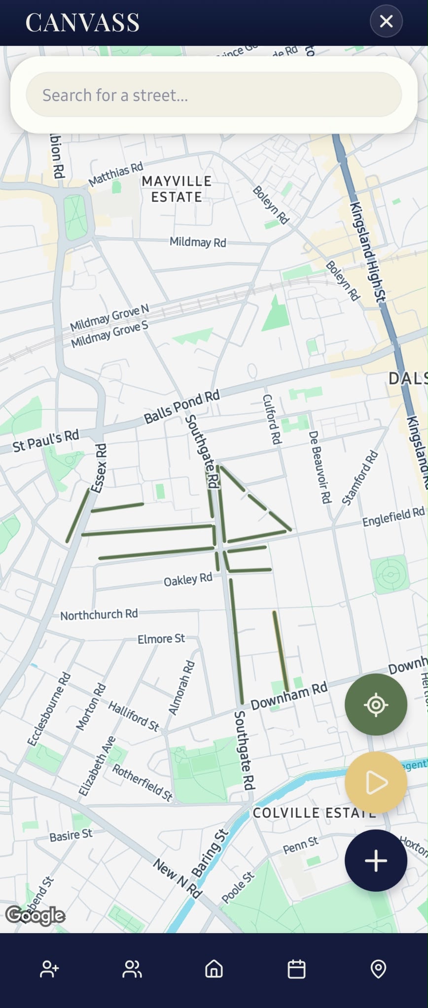 MyRound canvassing screen showing prospective customers on a street map