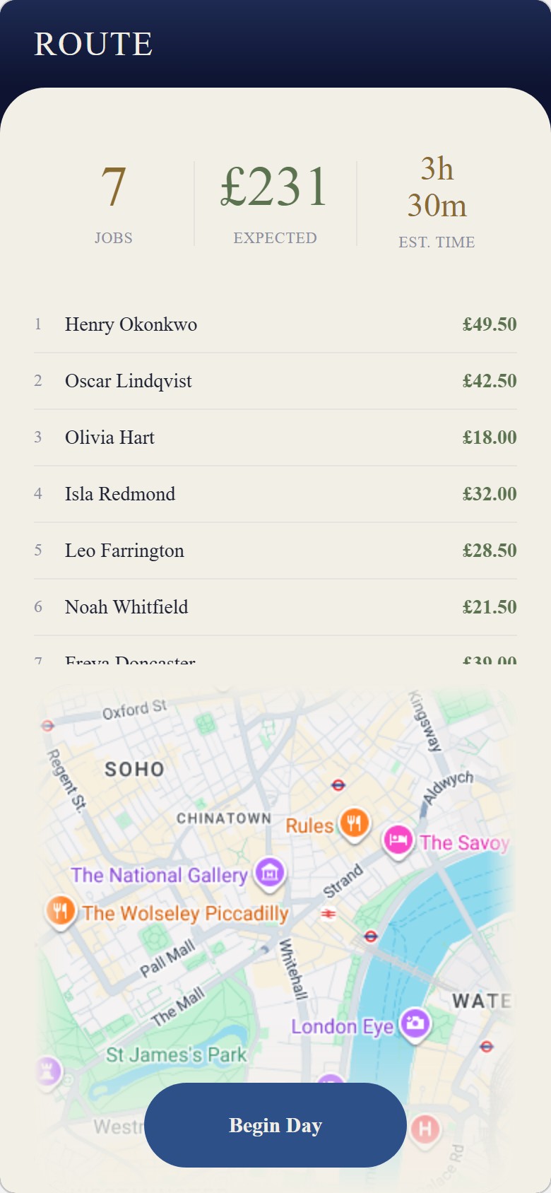 MyRound route screen showing the day's jobs plotted on a map