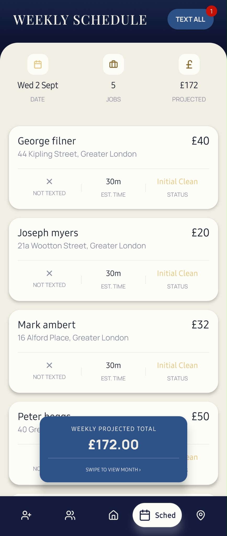 MyRound weekly schedule screen showing jobs and projected earnings